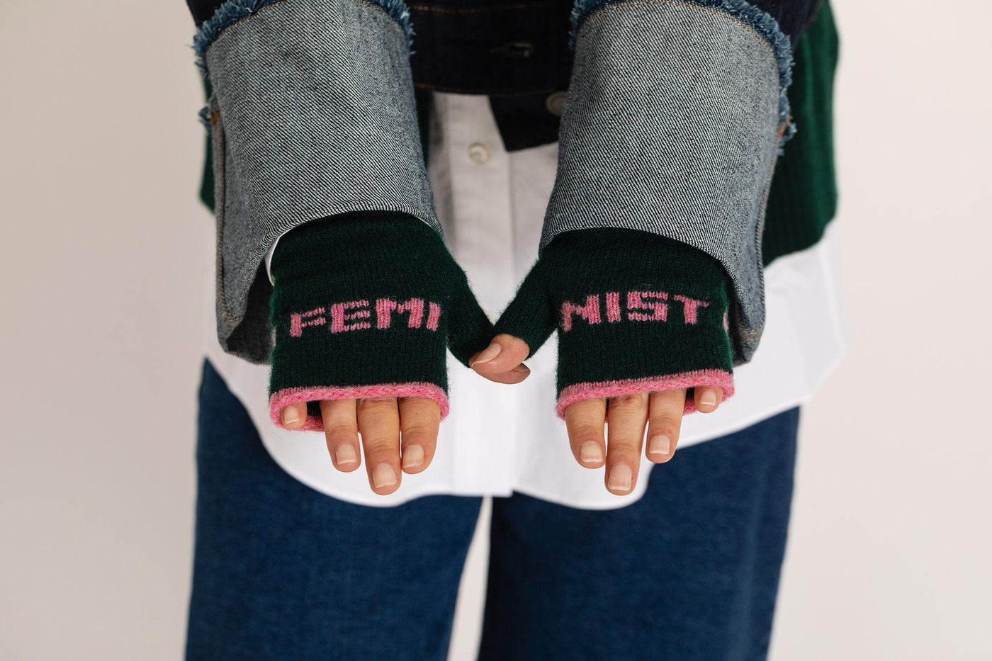 Feminist Fingerless Mittens in Forest Green & French Rose Gloves & Mittens Black & Beech