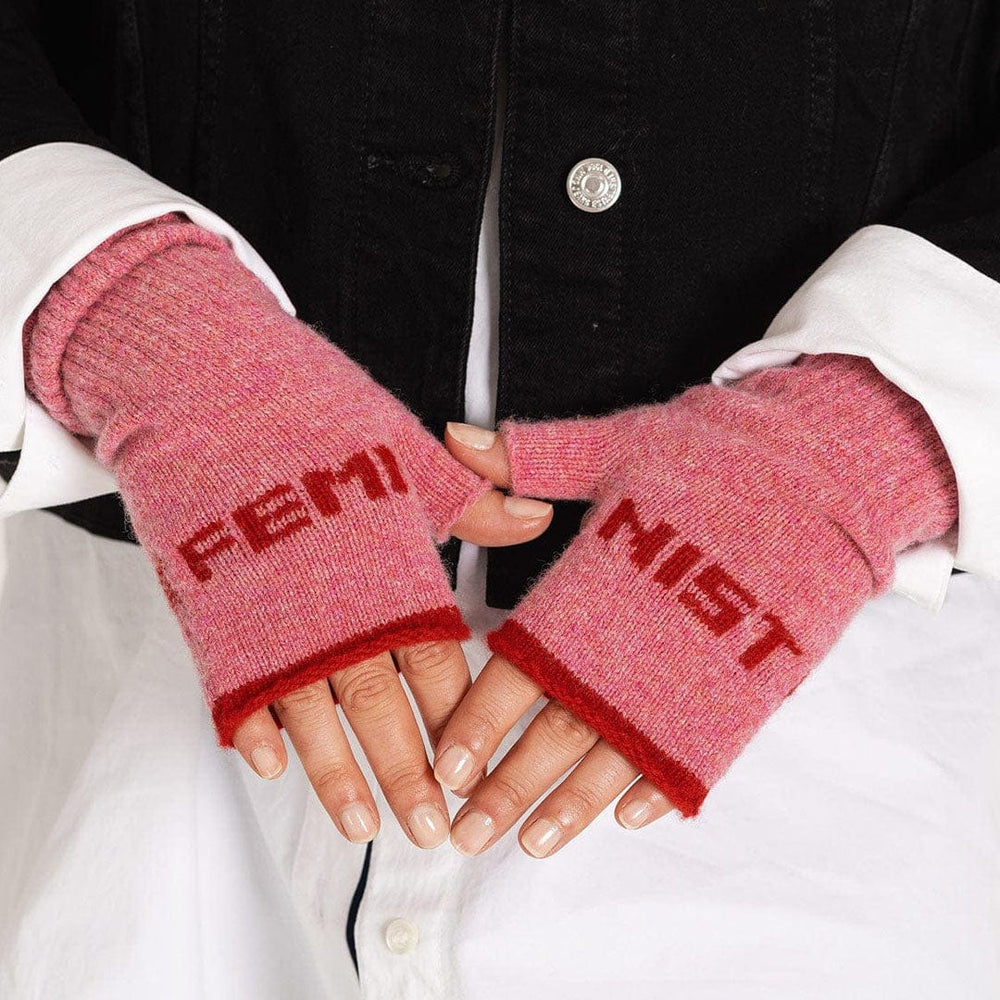 Feminist Fingerless Mittens in French Rose & Rouge Gloves & Mittens Black & Beech