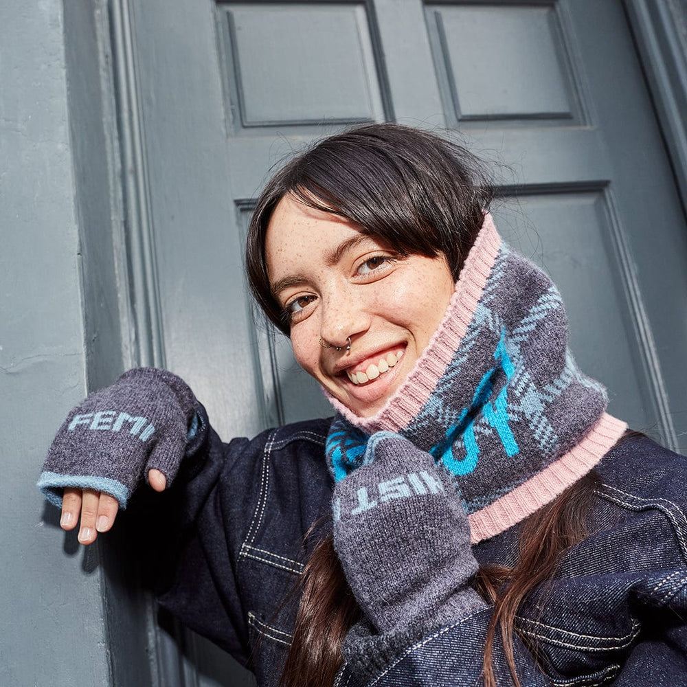 Feminist Fingerless Mittens in Graphite & Petrel Gloves & Mittens Black & Beech