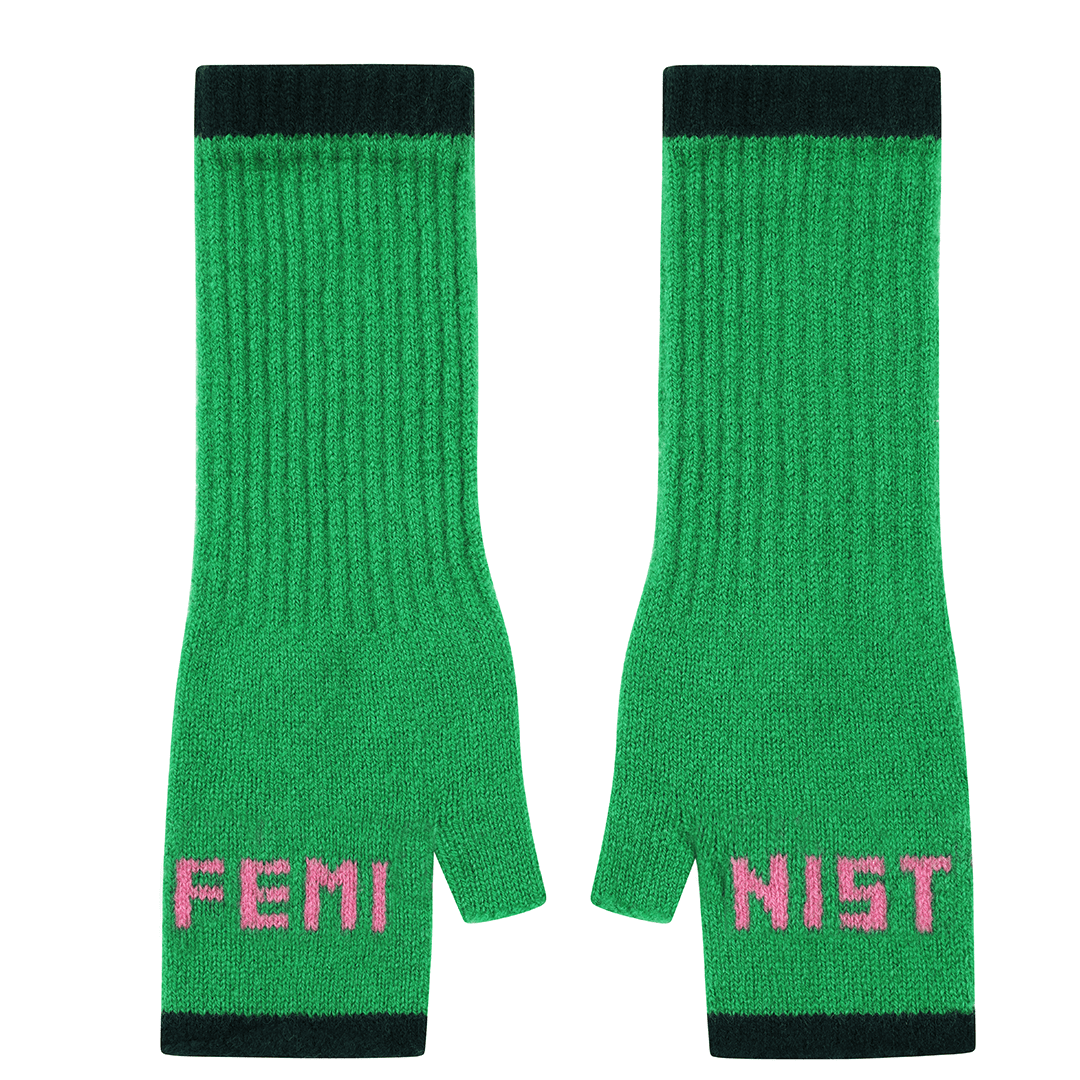 Feminist Fingerless Mittens in Kelly Green & Bubblegum Gloves & Mittens Black & Beech