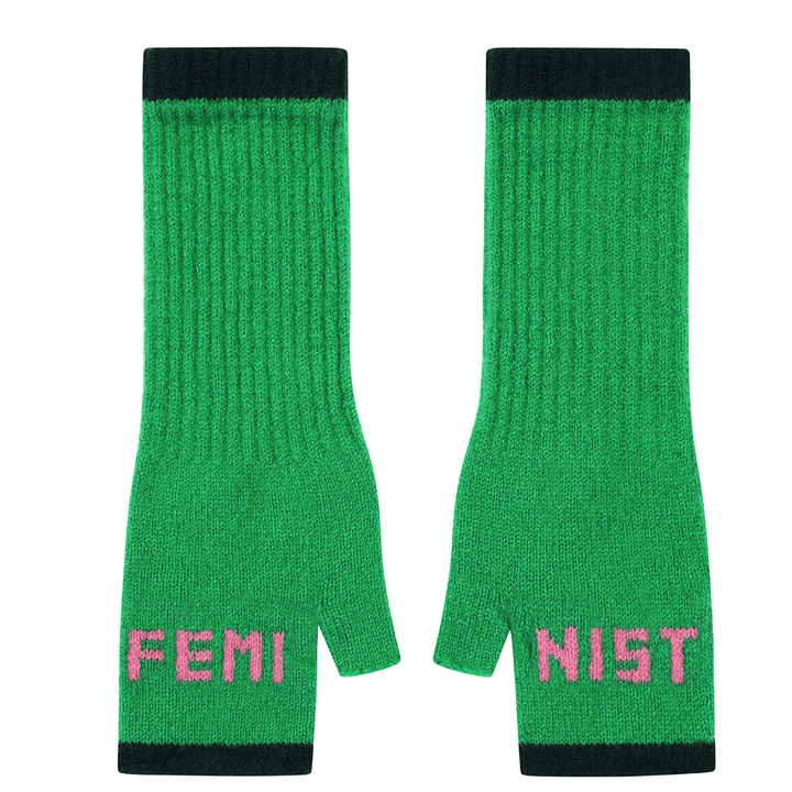 Feminist Fingerless Mittens in Kelly Green & Bubblegum Gloves & Mittens Black & Beech