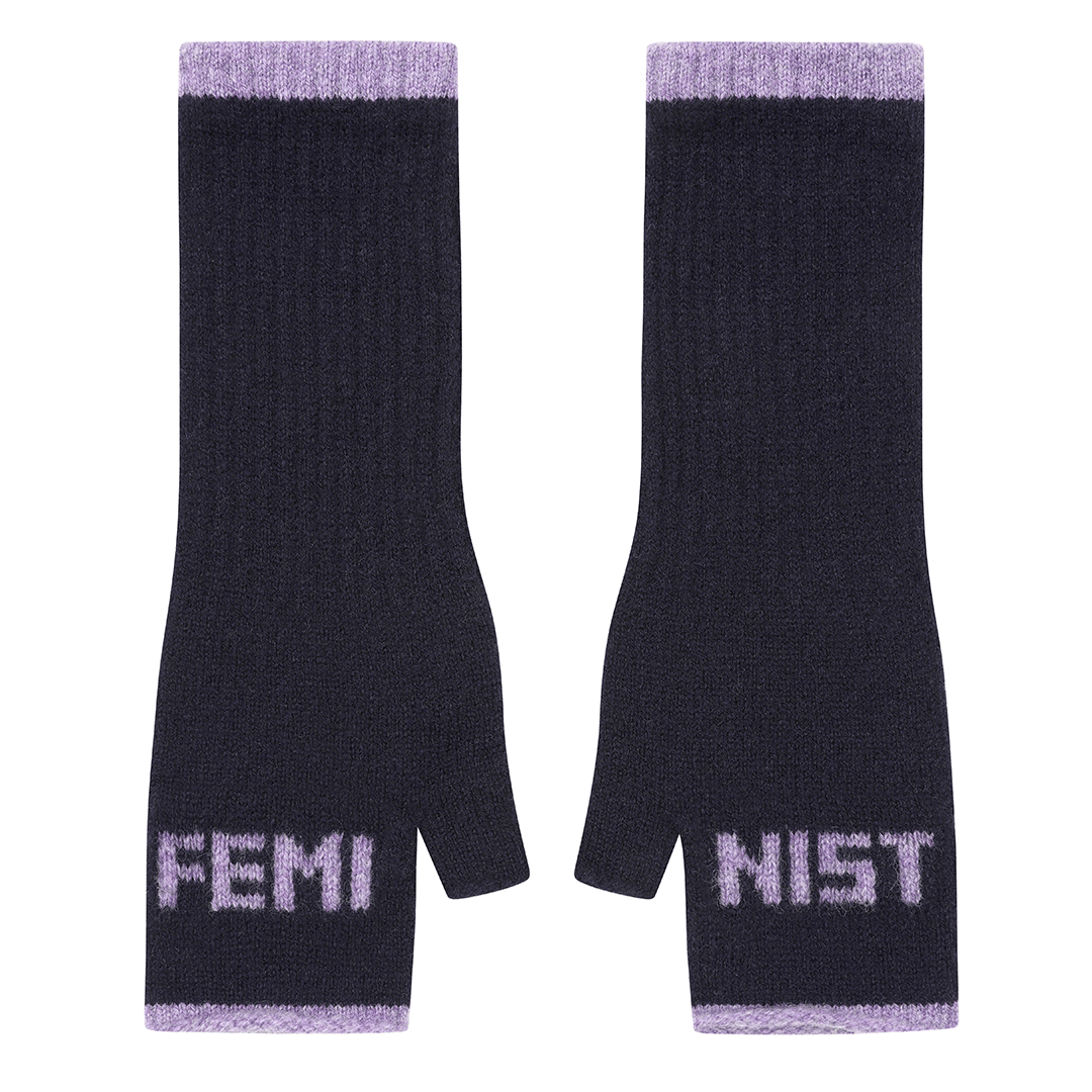 Feminist Fingerless Mittens in Navy & Parma Violet Gloves & Mittens Black & Beech