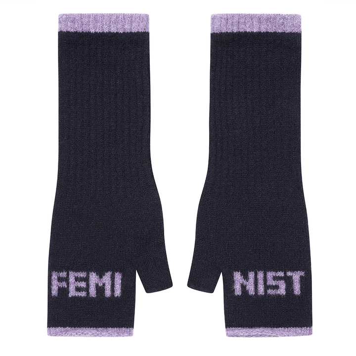 Feminist Fingerless Mittens in Navy & Parma Violet Gloves & Mittens Black & Beech