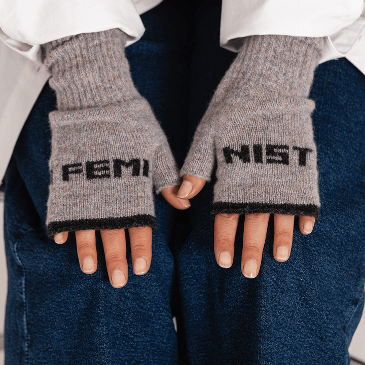 Feminist Fingerless Mittens in Opal Gloves & Mittens Black & Beech