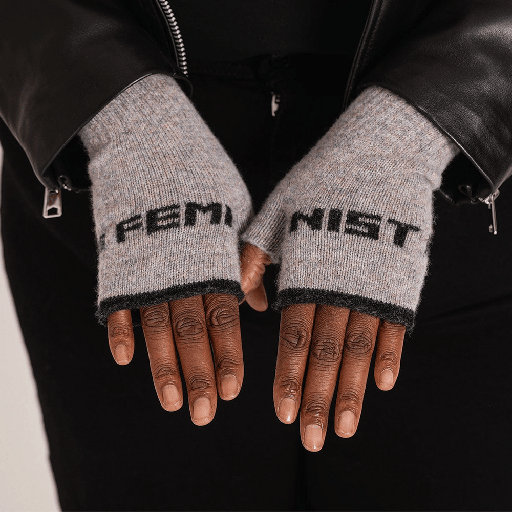 Feminist Fingerless Mittens in Opal Gloves & Mittens Black & Beech