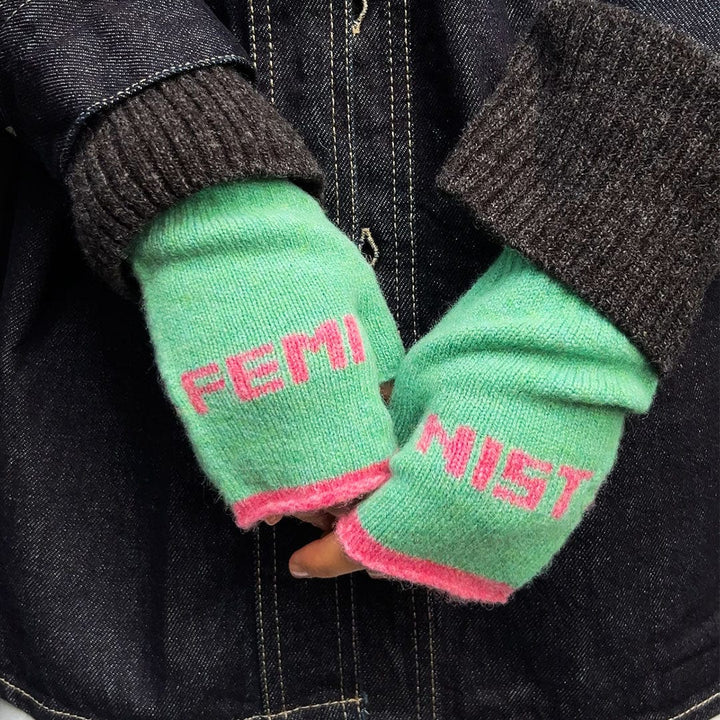 Feminist Fingerless Mittens in Peppermint & French Rose Gloves & Mittens Black & Beech