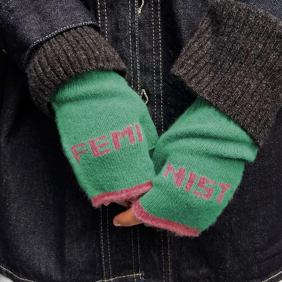 Feminist Fingerless Mittens in Peppermint & French Rose Gloves & Mittens Black & Beech