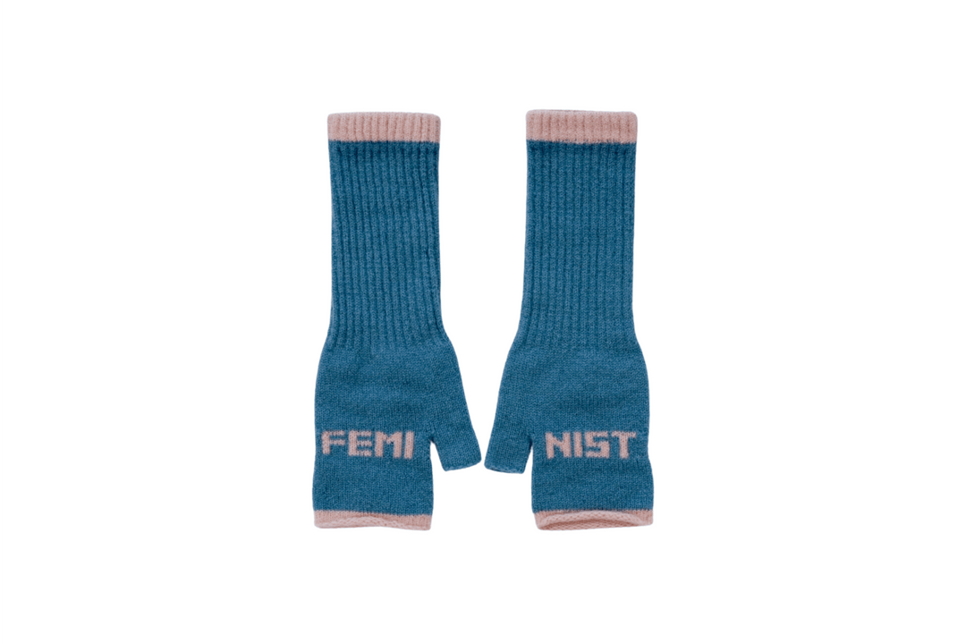 Feminist Fingerless Mittens in Petrol & Peach Gloves & Mittens Black & Beech