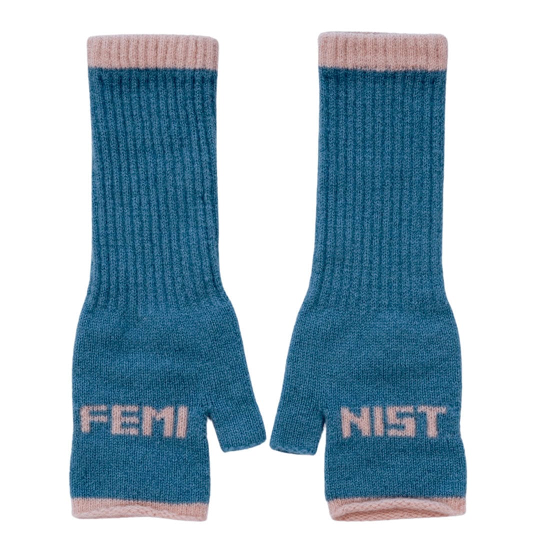 Feminist Fingerless Mittens in Petrol & Peach Gloves & Mittens Black & Beech