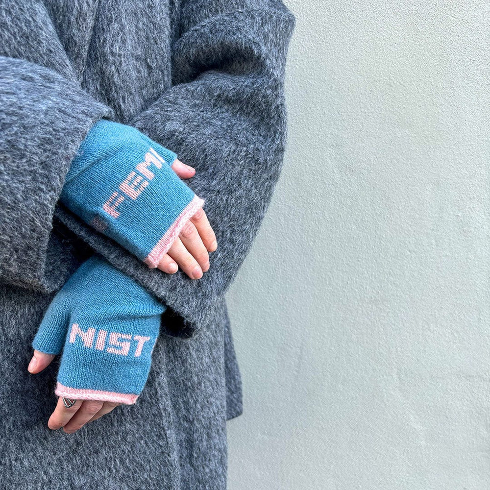 Feminist Fingerless Mittens in Petrol & Peach Gloves & Mittens Black & Beech