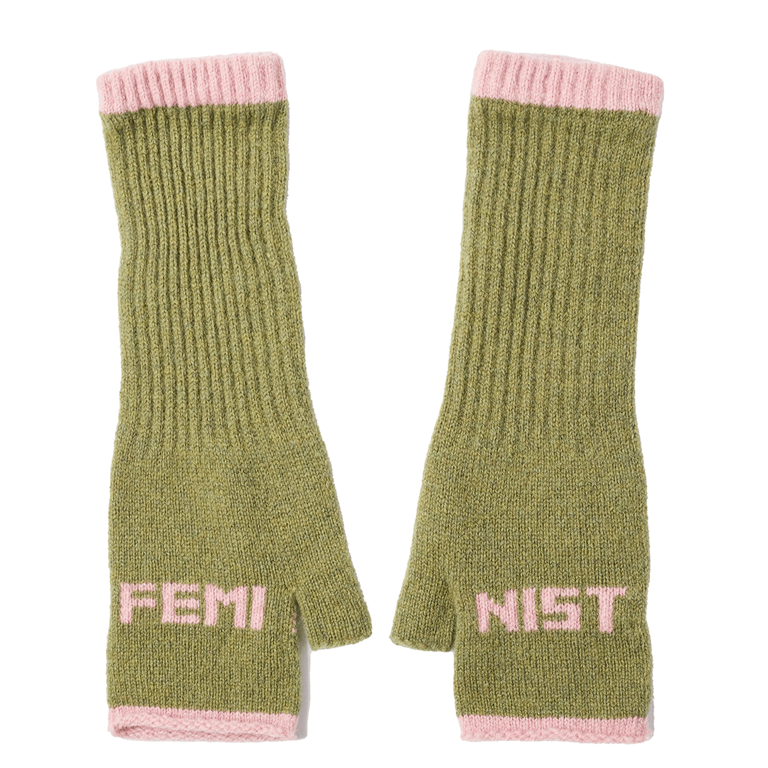 Feminist Fingerless Mittens in Pistachio Gloves & Mittens Black & Beech