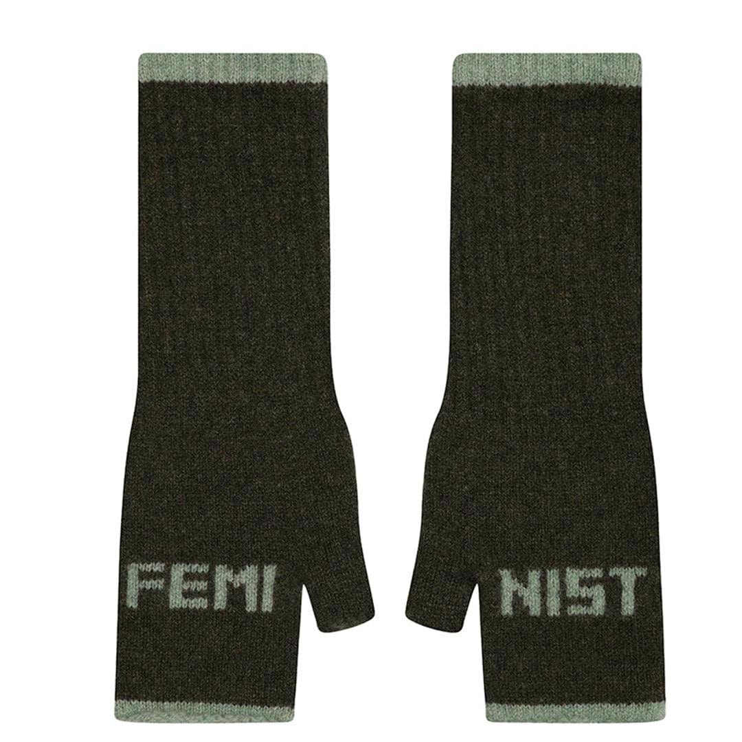 Feminist Fingerless Mittens in Seaweed & Mojito Gloves & Mittens Black & Beech