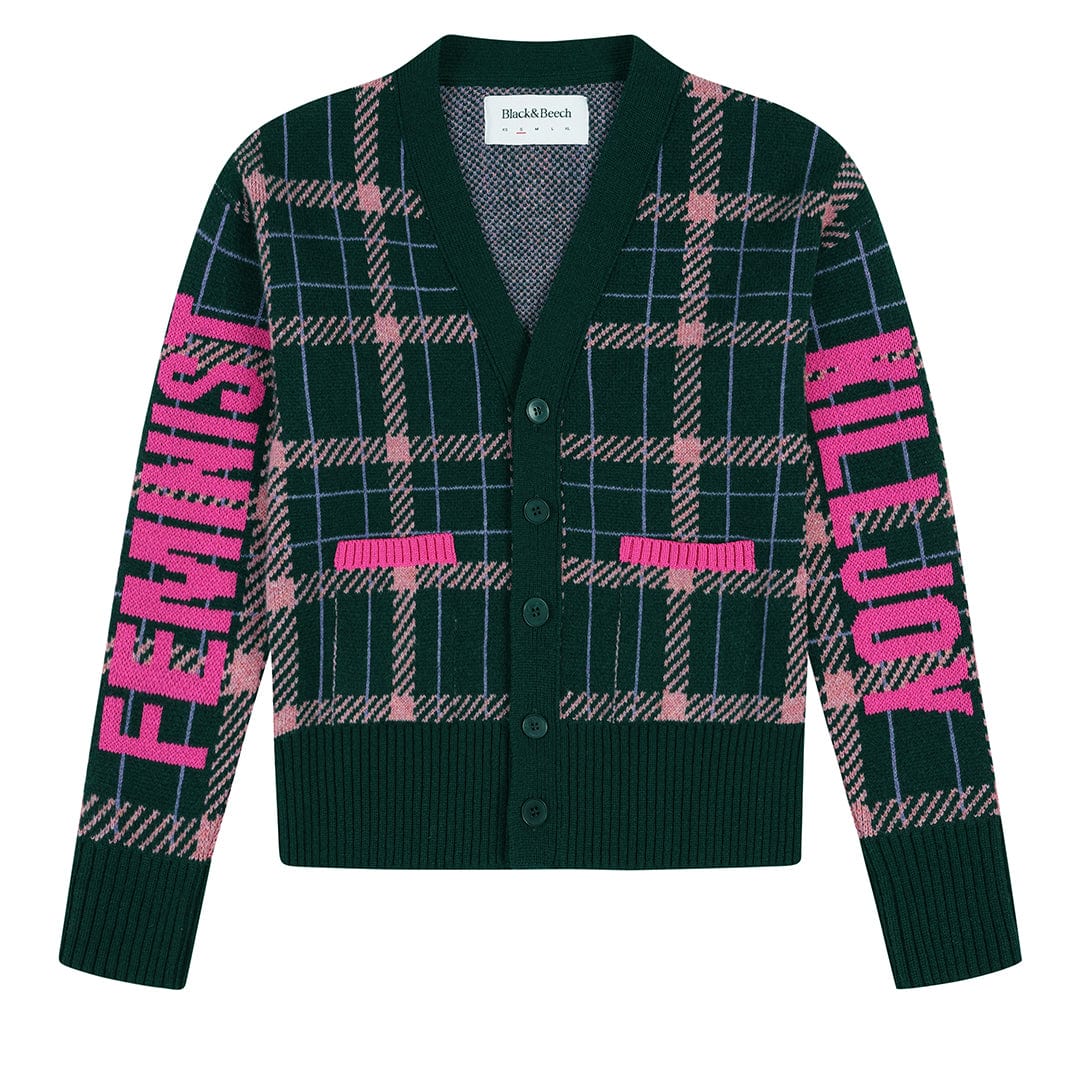 Feminist Killjoy Lambswool Cardigan in Forest Green & Neon Pink Cardigans Black & Beech