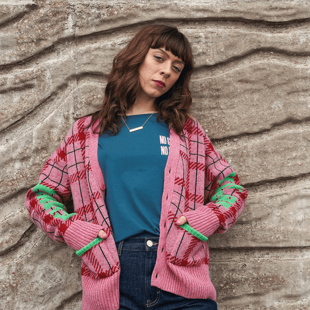 Feminist Killjoy Lambswool Cardigan in French Rose & Neon Green Cardigans Black & Beech