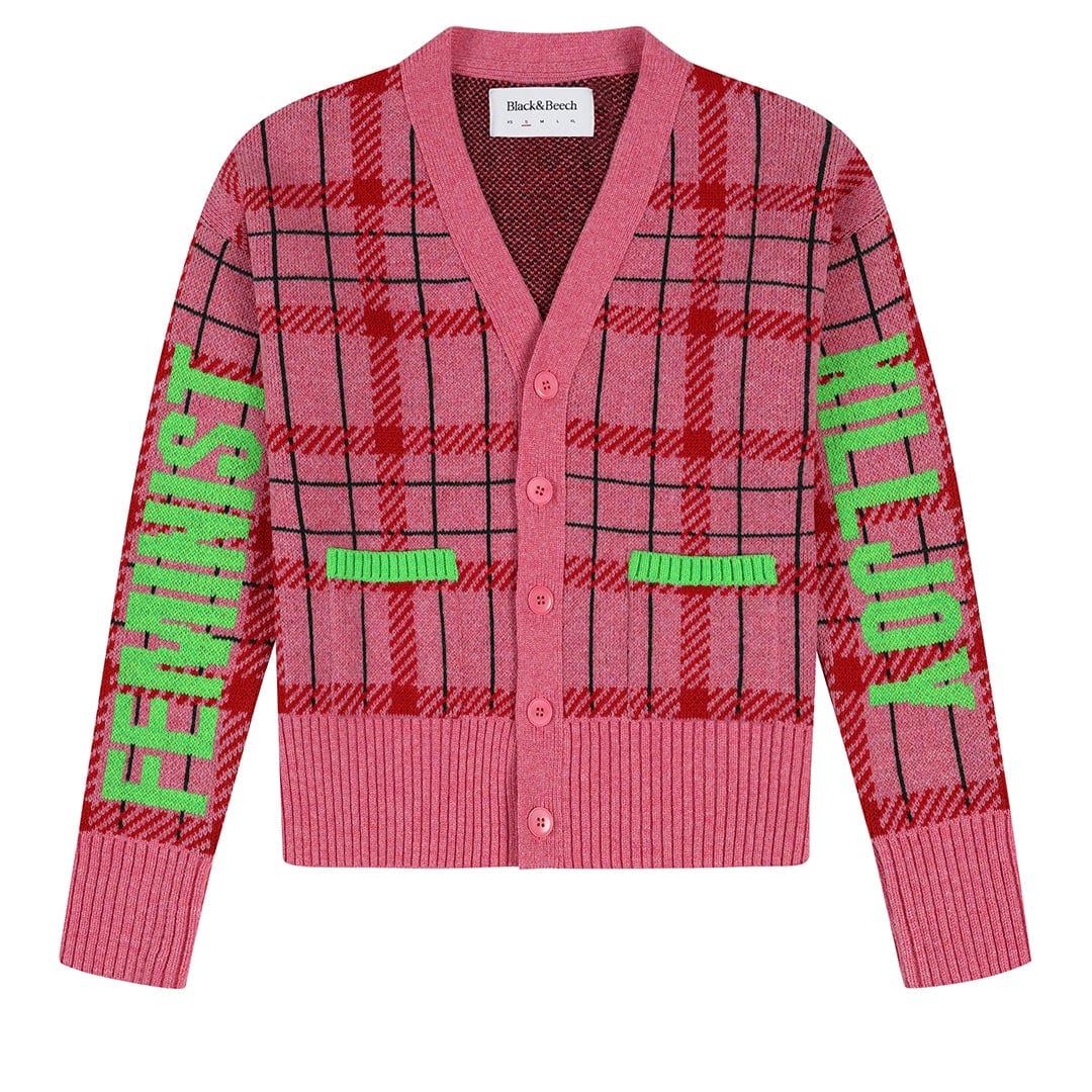 Feminist Killjoy Lambswool Cardigan in French Rose & Neon Green Cardigans Black & Beech