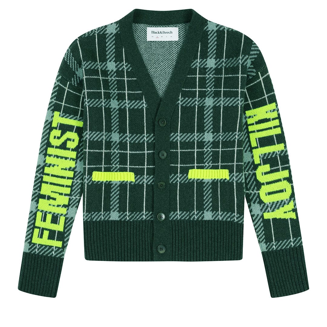 Feminist Killjoy Lambswool Cardigan in Seaweed & Neon Yellow Cardigans Black & Beech