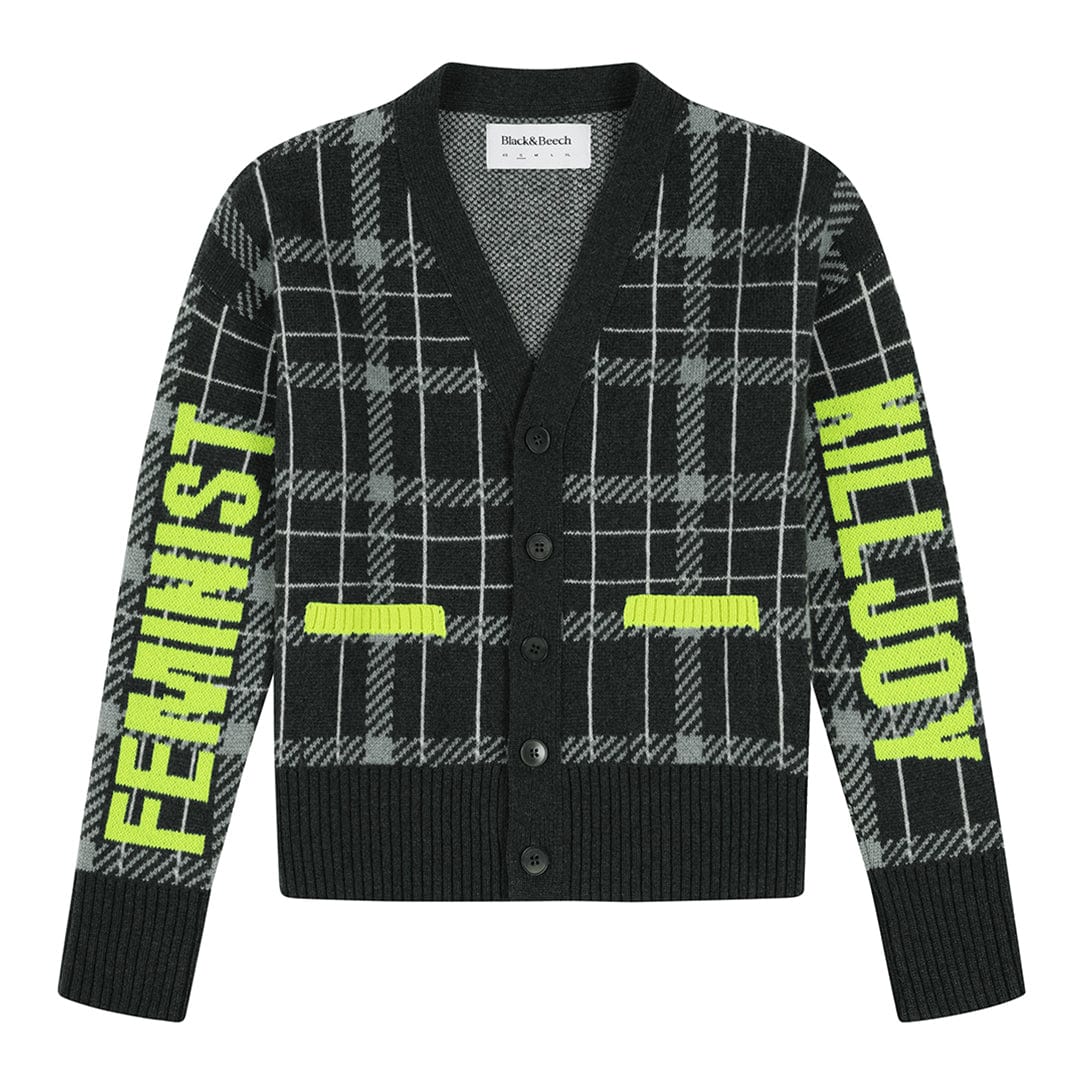 Feminist Killjoy Lambswool Cardigan in Seaweed & Neon Yellow Cardigans Black & Beech