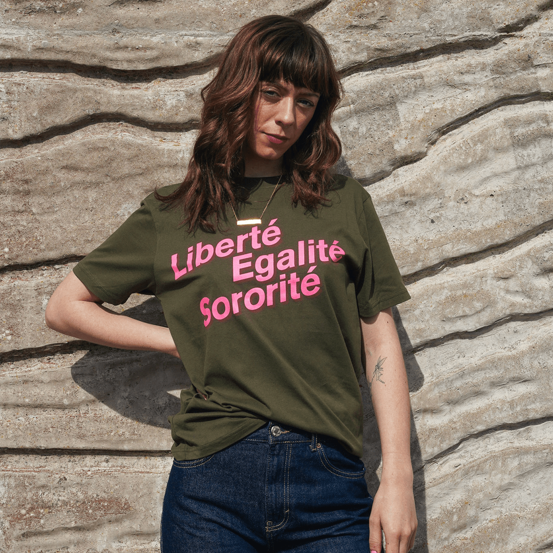 Liberté, Egalité, Sororité® Khaki Organic Cotton T-Shirt T-shirts Black & Beech