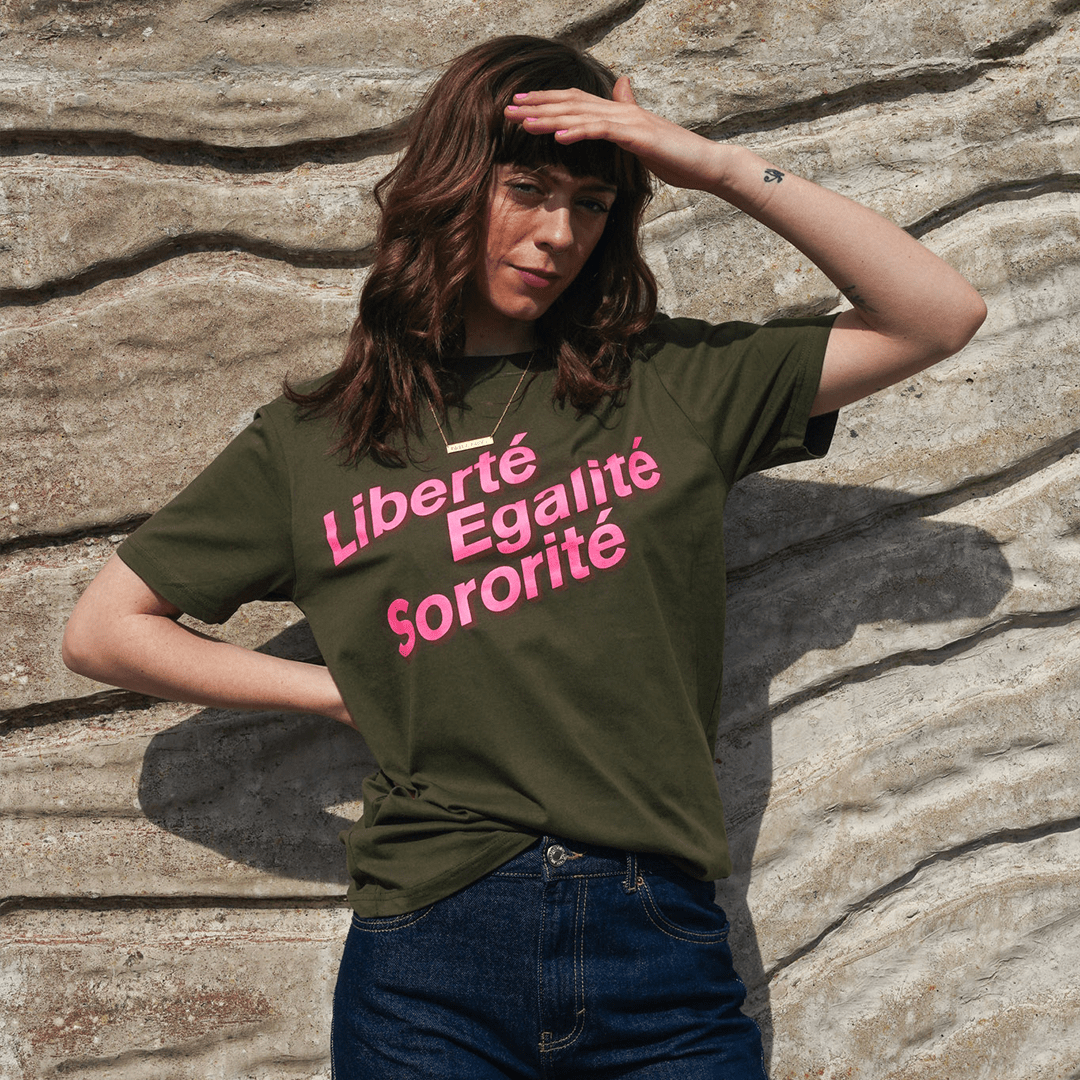 Liberté, Egalité, Sororité® Khaki Organic Cotton T-Shirt T-shirts Black & Beech