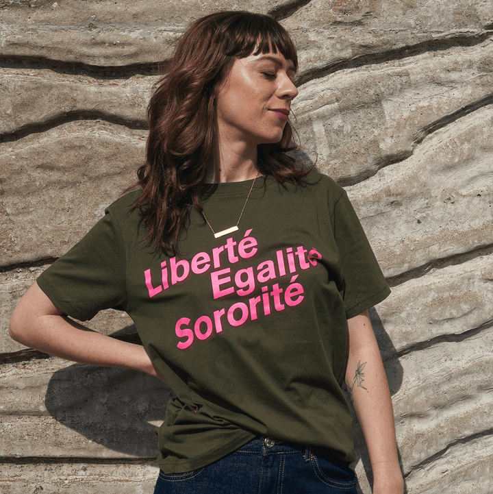 Liberté, Egalité, Sororité® Khaki Organic Cotton T-Shirt T-shirts Black & Beech