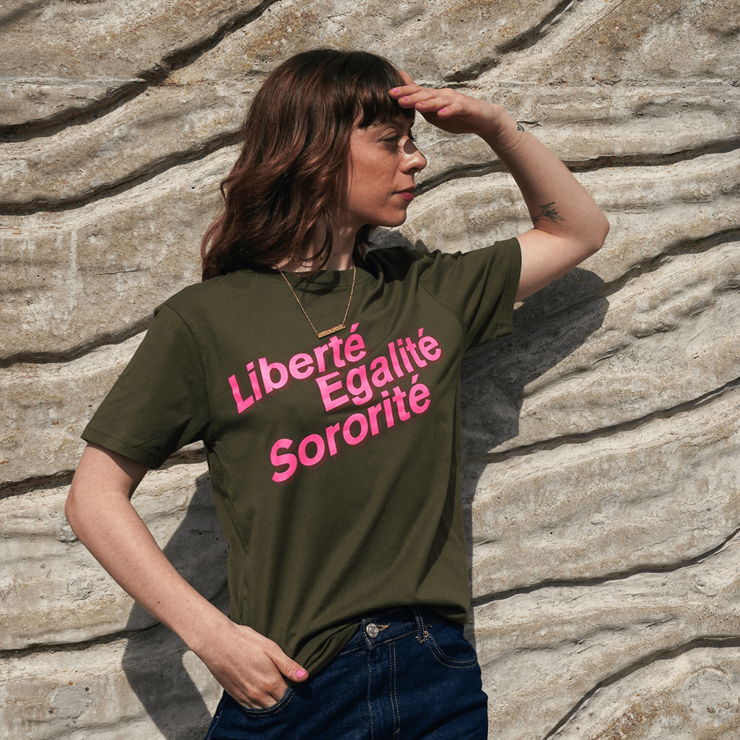 Liberté, Egalité, Sororité® Khaki Organic Cotton T-Shirt T-shirts Black & Beech