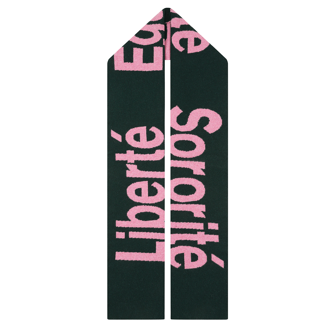 Liberté Egalité Sororité Lambswool Feminist Slogan Scarf Forest Green & French Rose Scarves Black & Beech