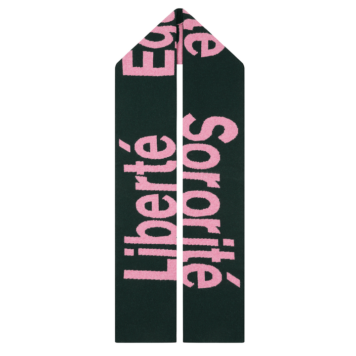 Liberté Egalité Sororité Lambswool Feminist Slogan Scarf Forest Green & French Rose Scarves Black & Beech