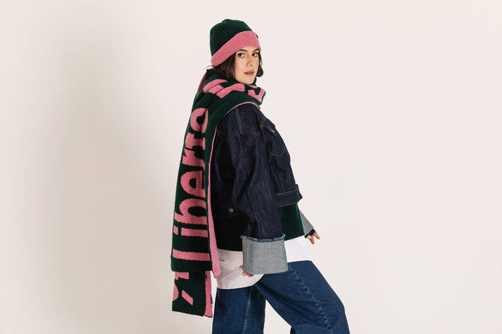 Liberté Egalité Sororité Lambswool Feminist Slogan Scarf Forest Green & French Rose Scarves Black & Beech