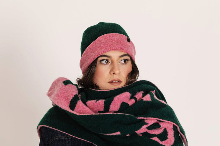 Liberté Egalité Sororité Lambswool Feminist Slogan Scarf Forest Green & French Rose Scarves Black & Beech