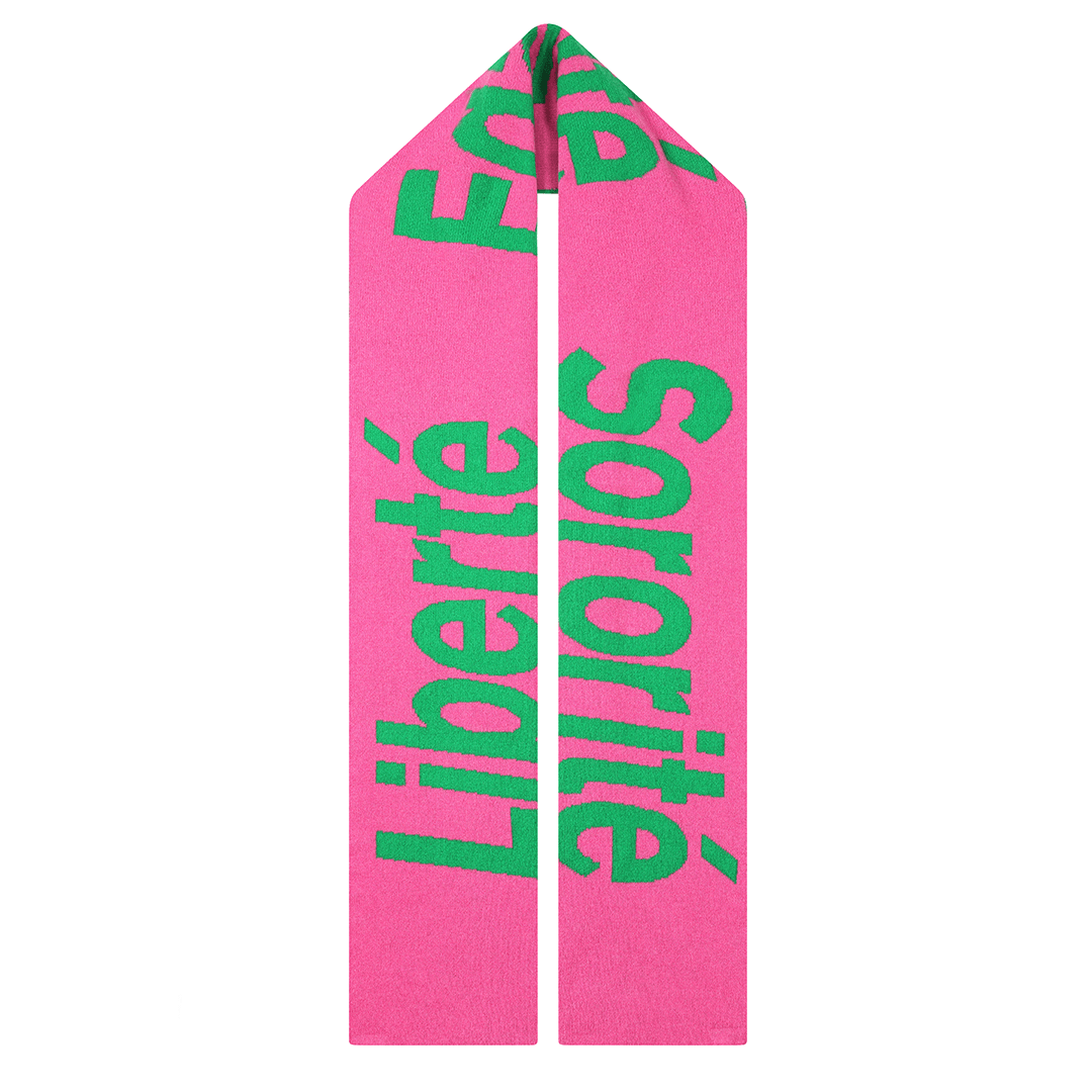 Liberté Egalité Sororité Lambswool Feminist Slogan Scarf in Bubblegum & Kelly Green Black & Beech