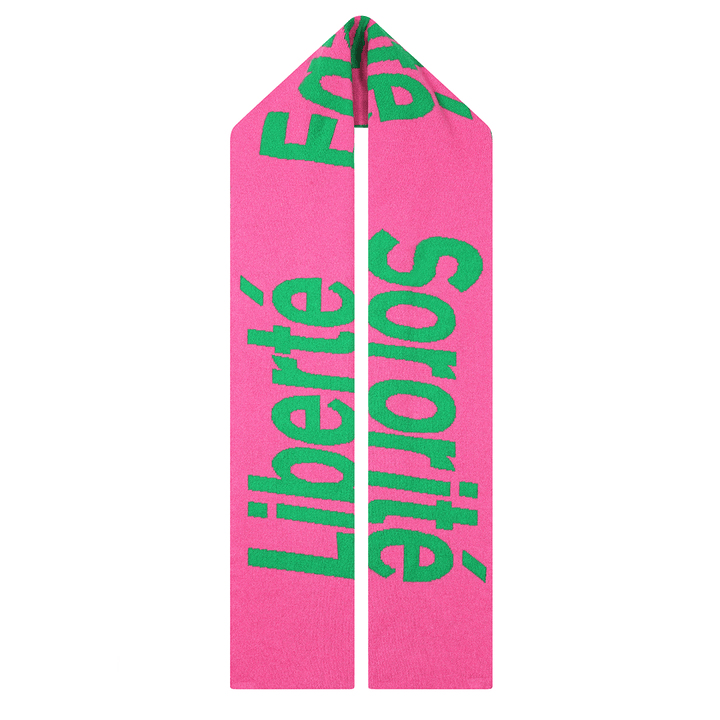Liberté Egalité Sororité Lambswool Feminist Slogan Scarf in Bubblegum & Kelly Green Black & Beech