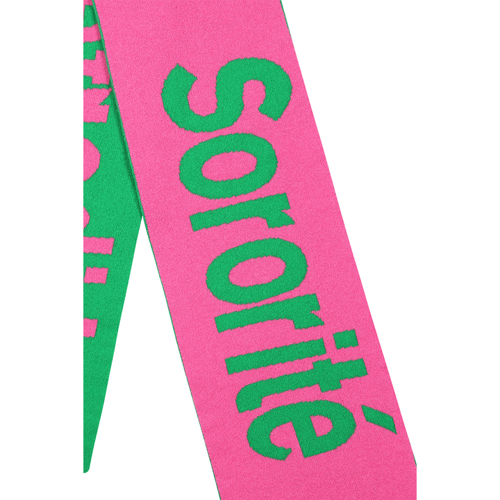 Liberté Egalité Sororité Lambswool Feminist Slogan Scarf in Bubblegum & Kelly Green Black & Beech
