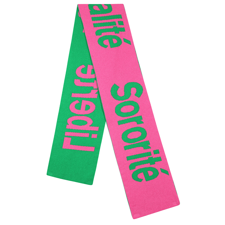 Liberté Egalité Sororité Lambswool Feminist Slogan Scarf in Bubblegum & Kelly Green Black & Beech