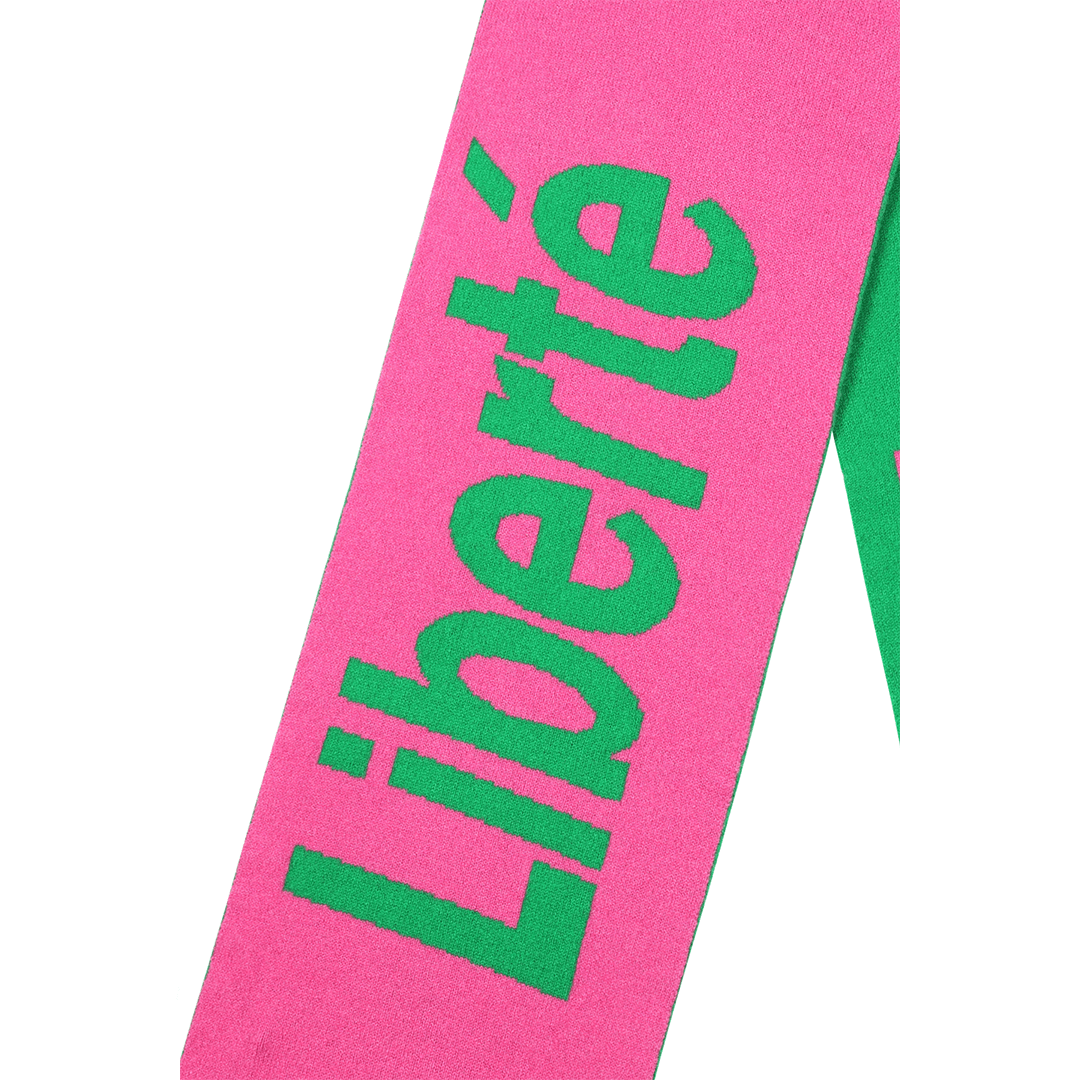 Liberté Egalité Sororité Lambswool Feminist Slogan Scarf in Bubblegum & Kelly Green Black & Beech