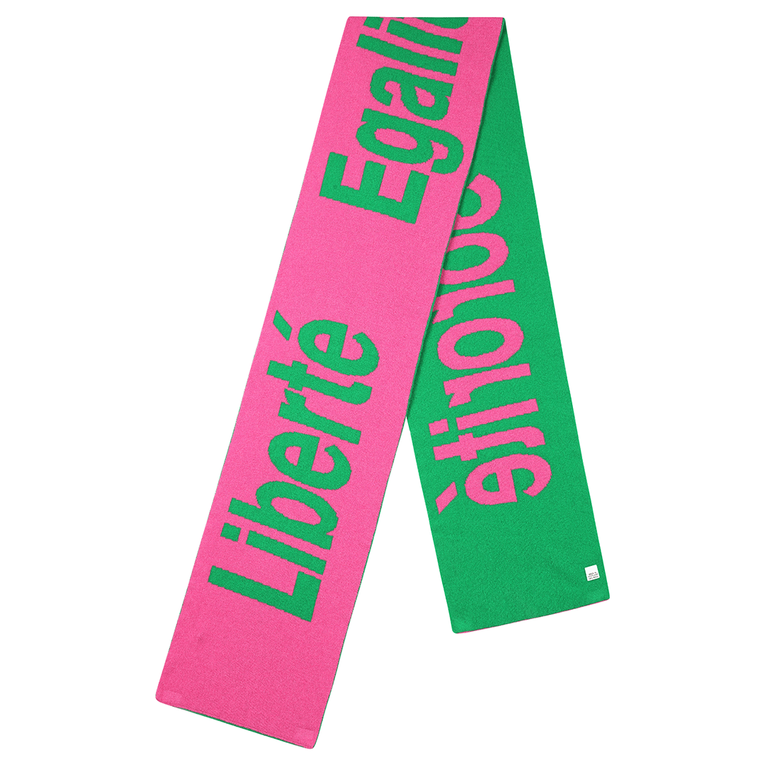 Liberté Egalité Sororité Lambswool Feminist Slogan Scarf in Bubblegum & Kelly Green Black & Beech