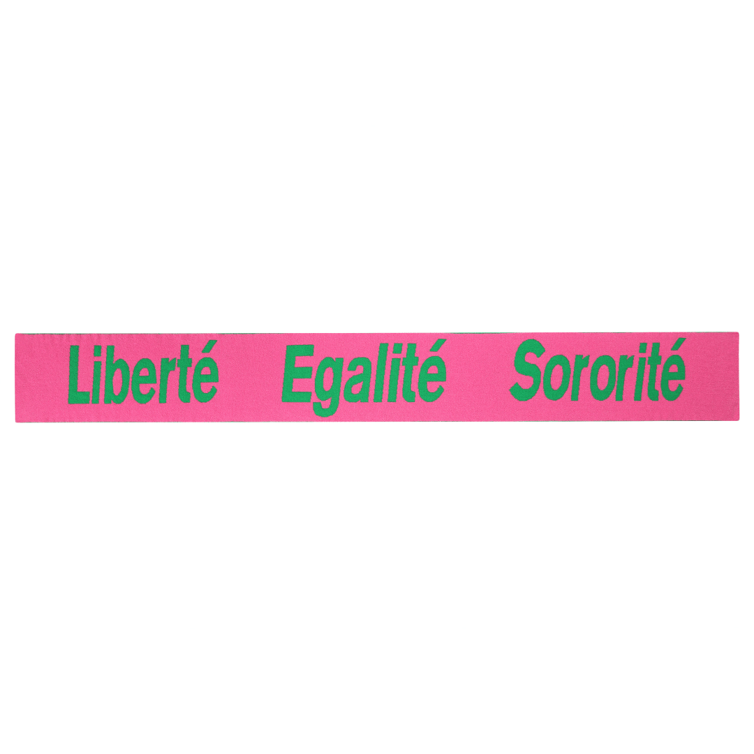 Liberté Egalité Sororité Lambswool Feminist Slogan Scarf in Bubblegum & Kelly Green Black & Beech