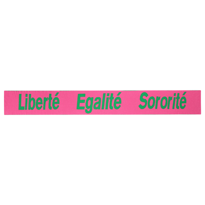 Liberté Egalité Sororité Lambswool Feminist Slogan Scarf in Bubblegum & Kelly Green Black & Beech