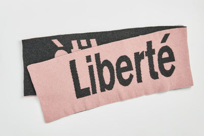 Liberté Egalité Sororité Lambswool Feminist Slogan Scarf in Calamine & Charcoal Black & Beech