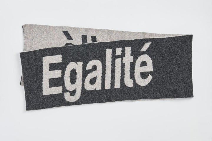 Liberté Egalité Sororité Lambswool Feminist Slogan Scarf in Charcoal & Opal Scarves Black & Beech