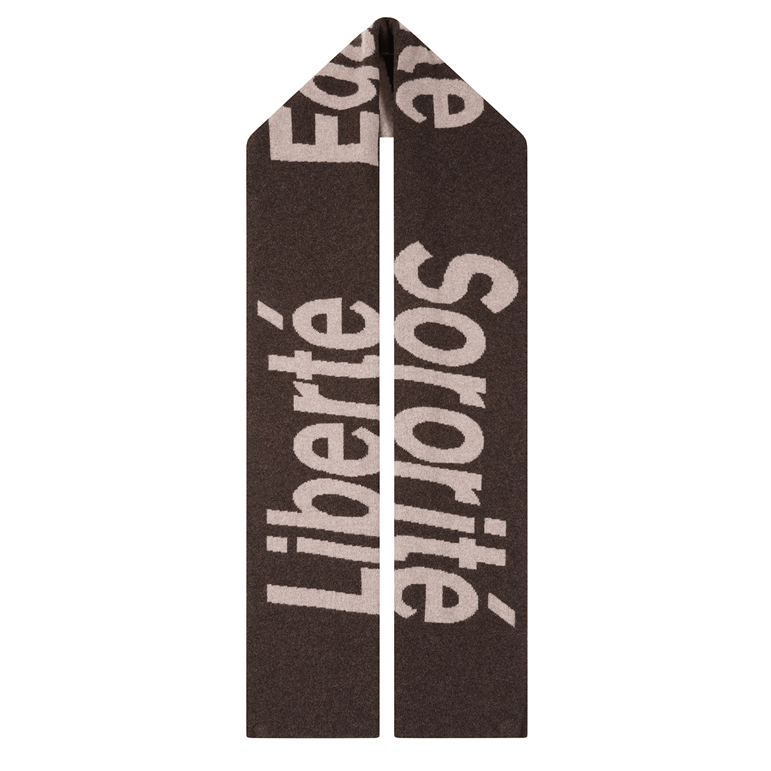 Liberté Egalité Sororité Lambswool Feminist Slogan Scarf in cocoa & Mushroom Scarves Black & Beech