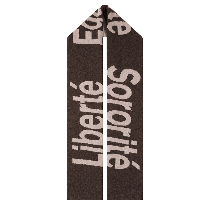Liberté Egalité Sororité Lambswool Feminist Slogan Scarf in cocoa & Mushroom Scarves Black & Beech