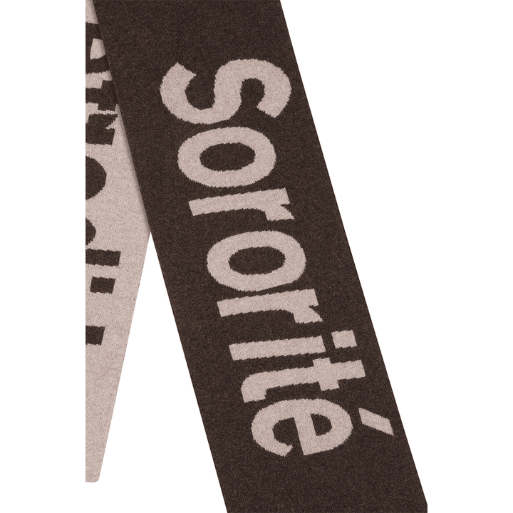 Liberté Egalité Sororité Lambswool Feminist Slogan Scarf in cocoa & Mushroom Scarves Black & Beech