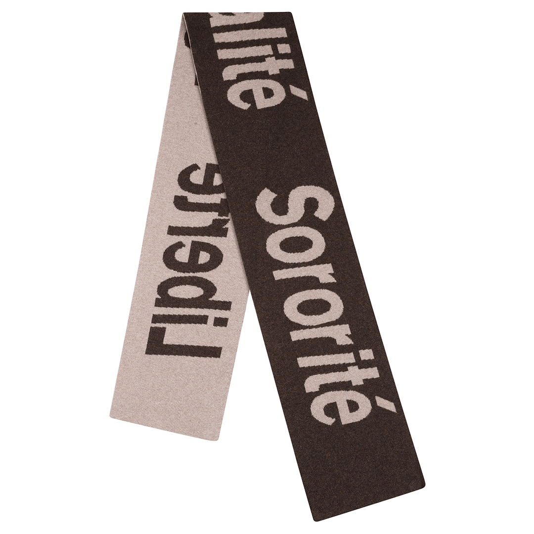 Liberté Egalité Sororité Lambswool Feminist Slogan Scarf in cocoa & Mushroom Scarves Black & Beech