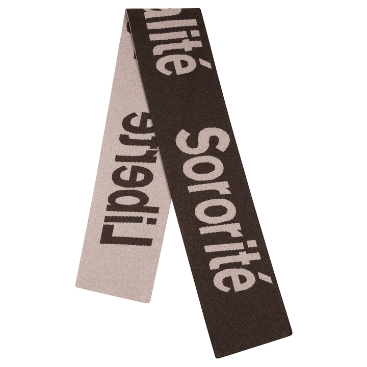 Liberté Egalité Sororité Lambswool Feminist Slogan Scarf in cocoa & Mushroom Scarves Black & Beech