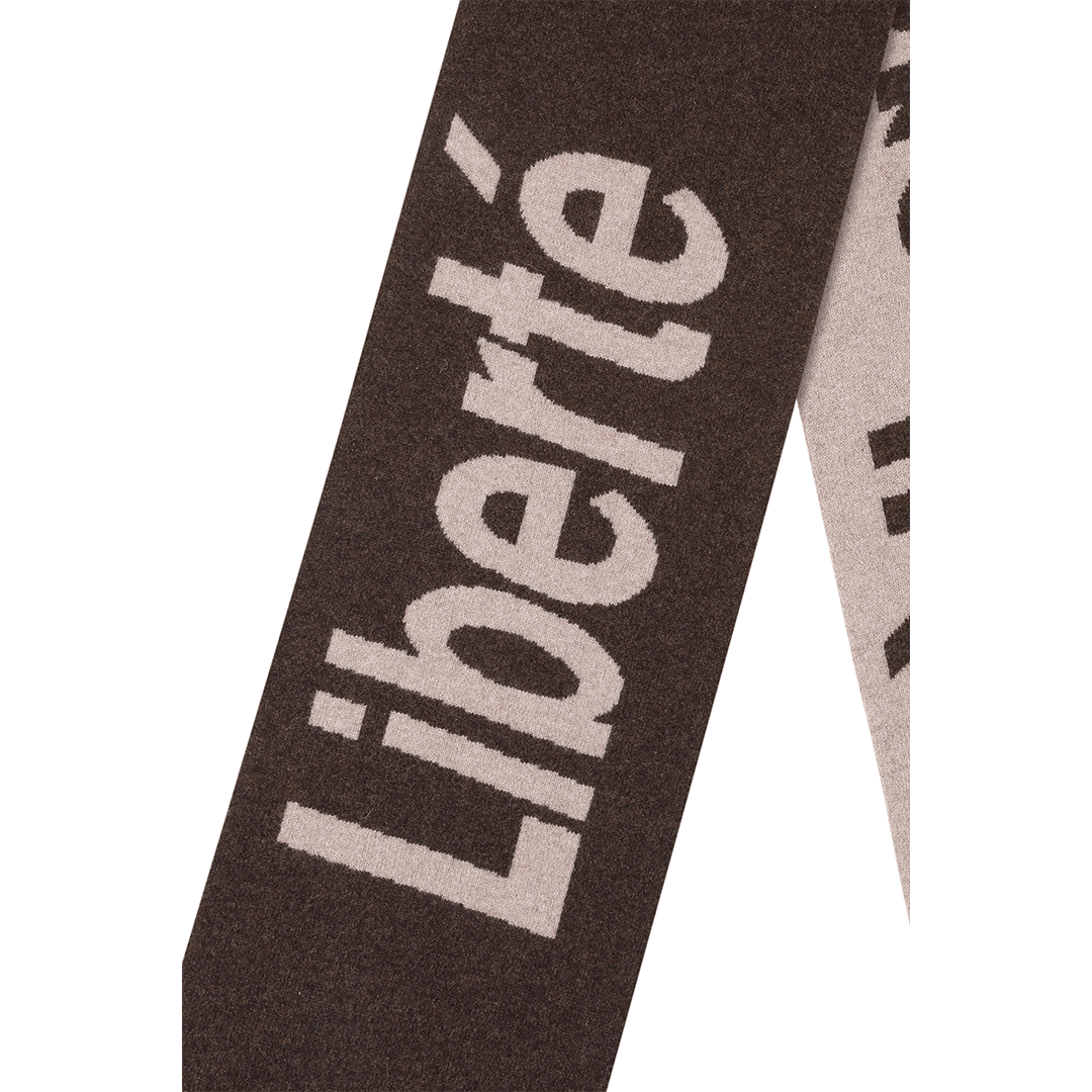 Liberté Egalité Sororité Lambswool Feminist Slogan Scarf in cocoa & Mushroom Scarves Black & Beech