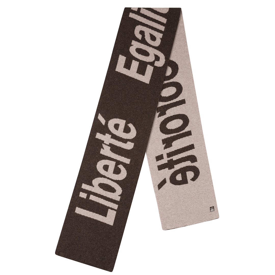 Liberté Egalité Sororité Lambswool Feminist Slogan Scarf in cocoa & Mushroom Scarves Black & Beech
