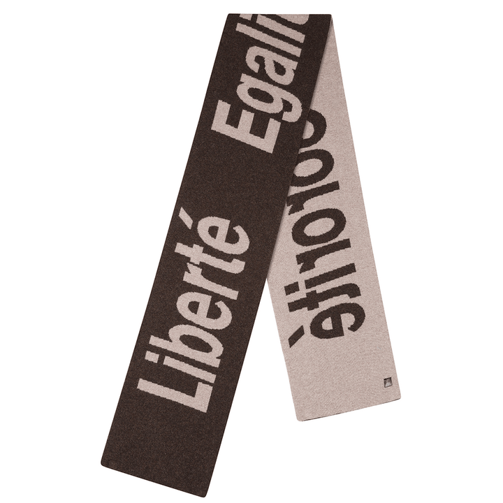Liberté Egalité Sororité Lambswool Feminist Slogan Scarf in cocoa & Mushroom Scarves Black & Beech