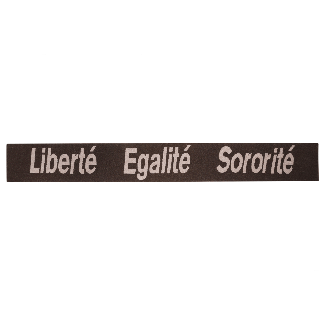 Liberté Egalité Sororité Lambswool Feminist Slogan Scarf in cocoa & Mushroom Scarves Black & Beech