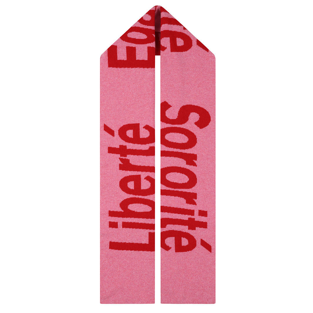 Liberté Egalité Sororité Lambswool Feminist Slogan Scarf in French Rose & Rouge Scarves Black & Beech
