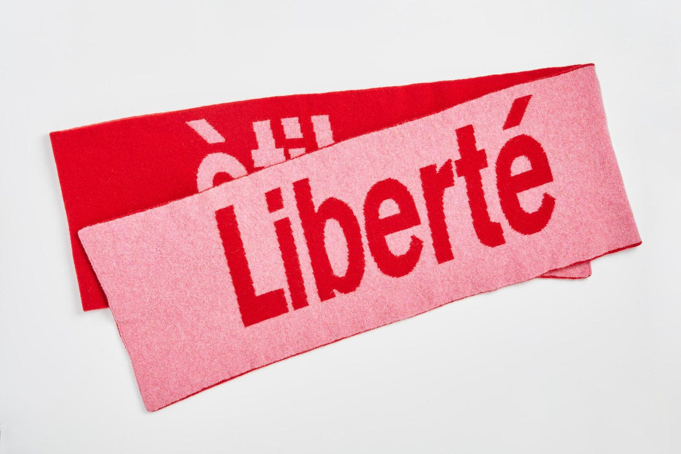 Liberté Egalité Sororité Lambswool Feminist Slogan Scarf in French Rose & Rouge Scarves Black & Beech